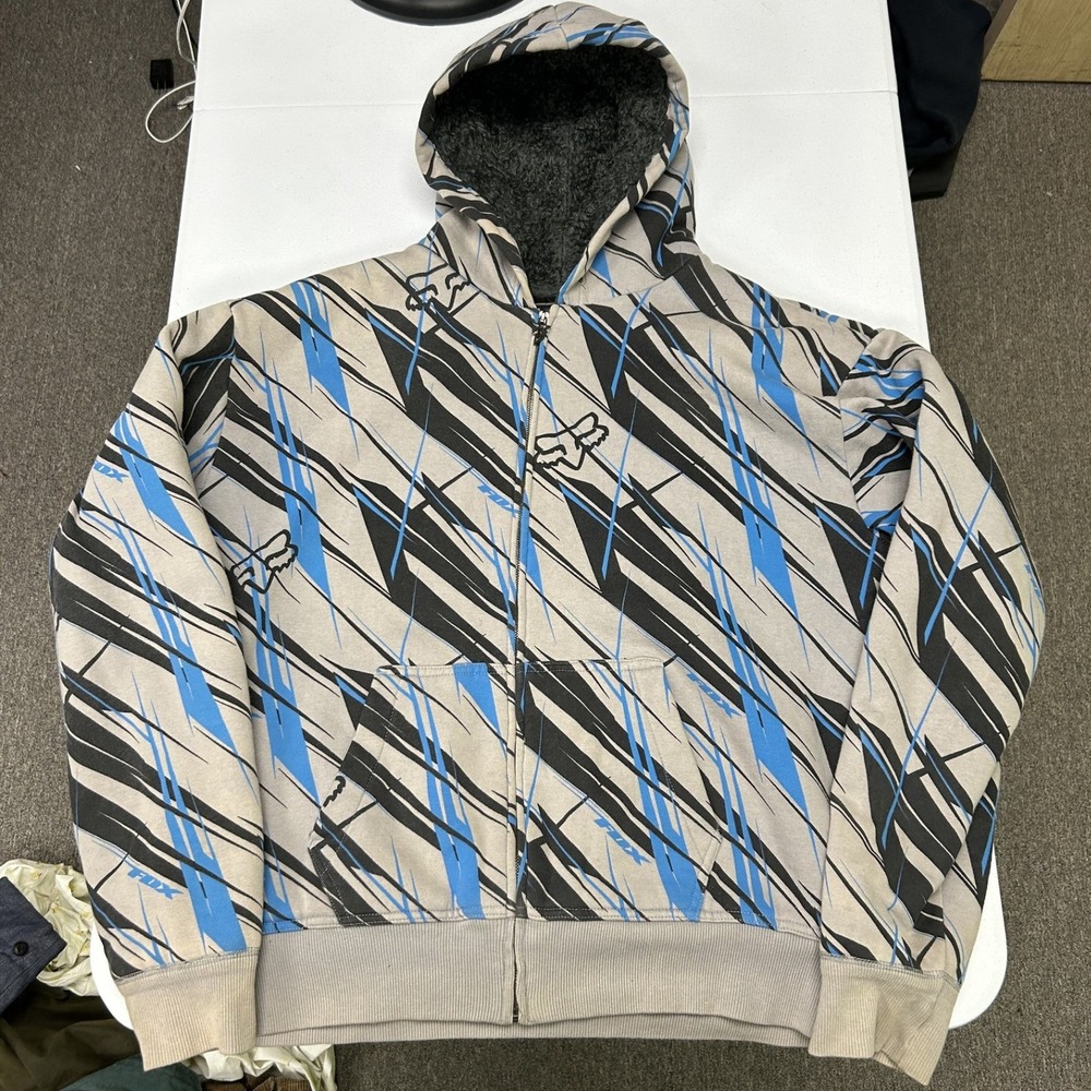 Fox Racing Sasquatch Hoodie Mens XL Grey Blue All Over Print Faux Fur Lined D3